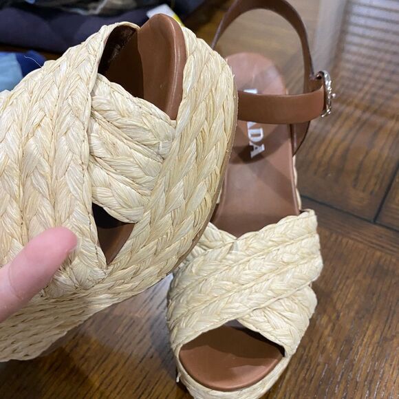 Prada Crisscross Raffia Wedge High Heel Sandal Beige EU 37 - Picture 4 of 7